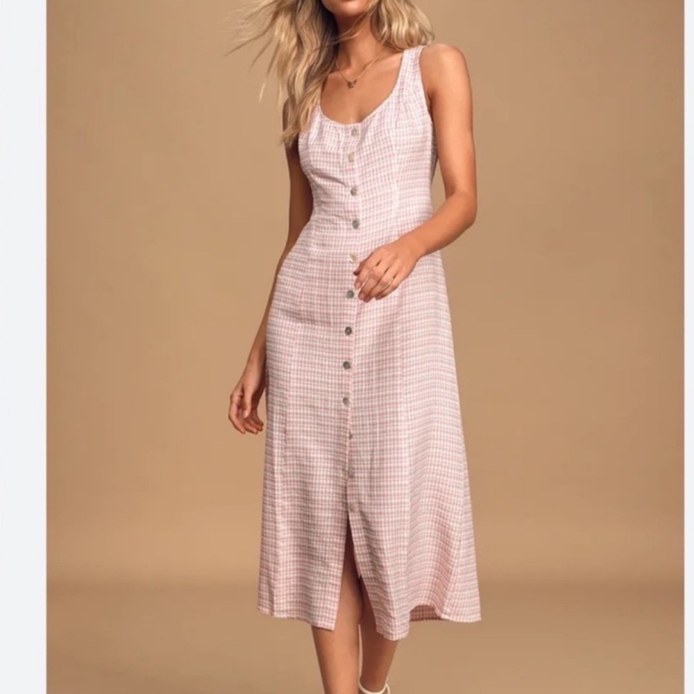 Lulu's Pink Gingham Button-Front Midi Dress - Picture 1 of 5